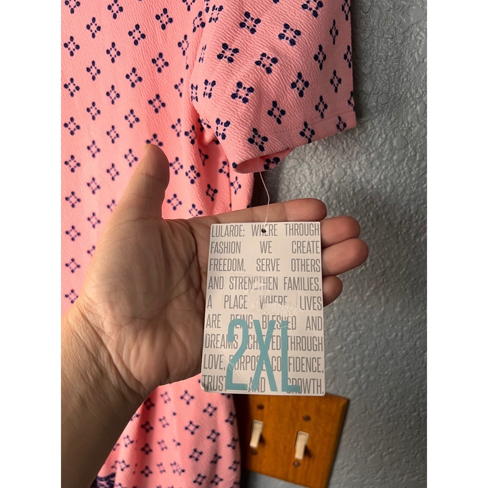 LuLaRoe Amelia Dress 2XL Pink Navy Blue Floral Border Print Short Sleeve Pleated - Picture 5 of 11